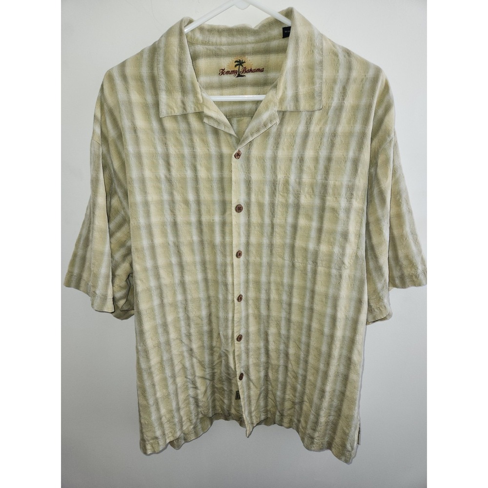 Tommy Bahama Mens Silk Shirt Hawaiian Yellow Green Plaid Check Casual Size XL
